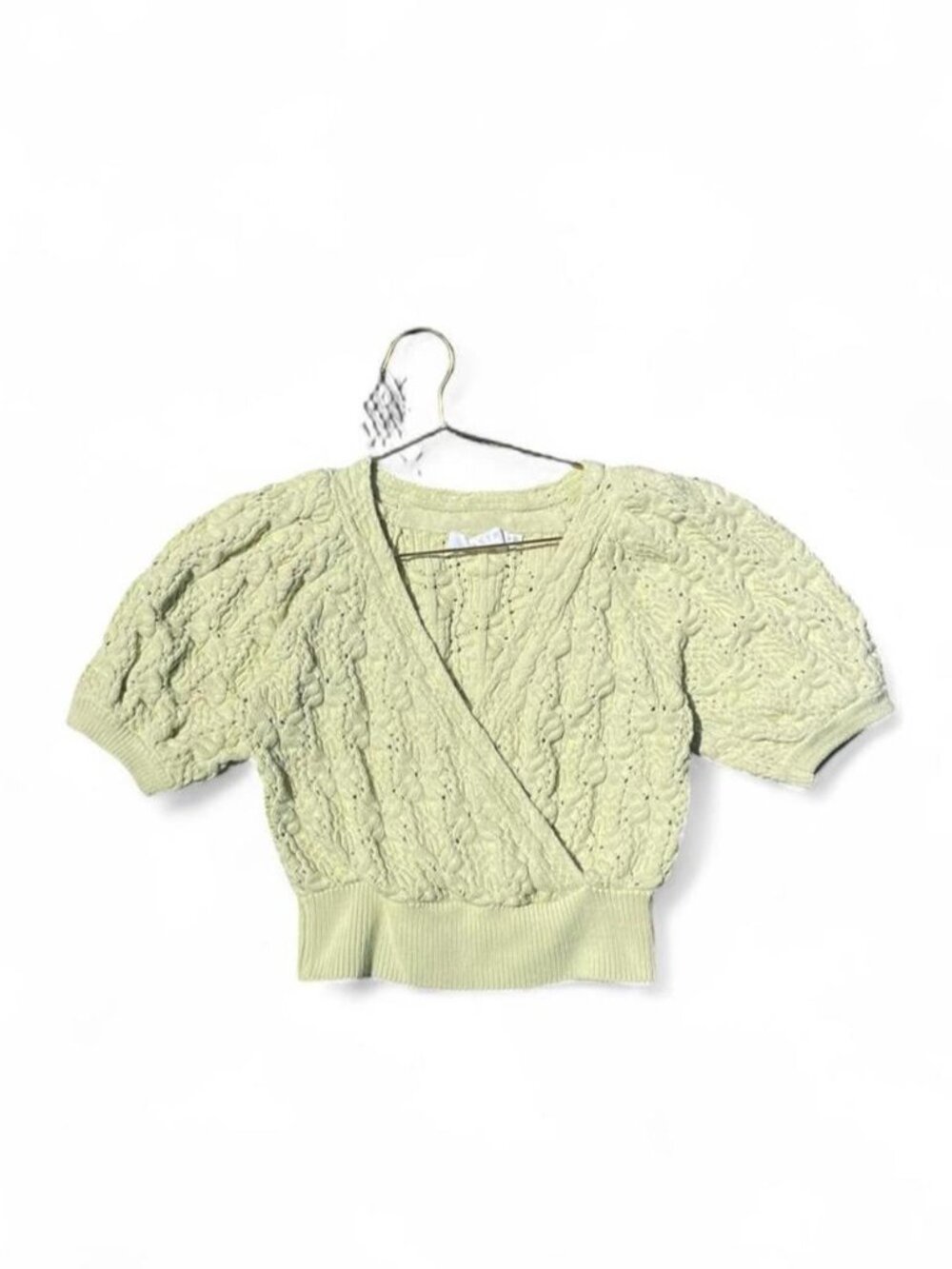 ASTR The Label Light Green Cable Knit Wrap Sweater Top Puff Sleeve Size M